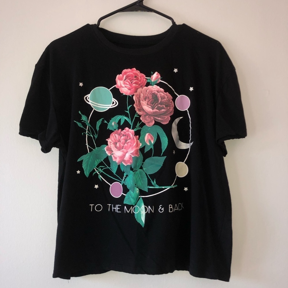 Freeze Black Crop Top with Floral and Planet Design